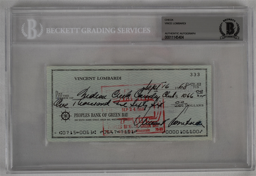 Vince Lombardi Signed 1968 Personal Check #333 BGS Authentic 