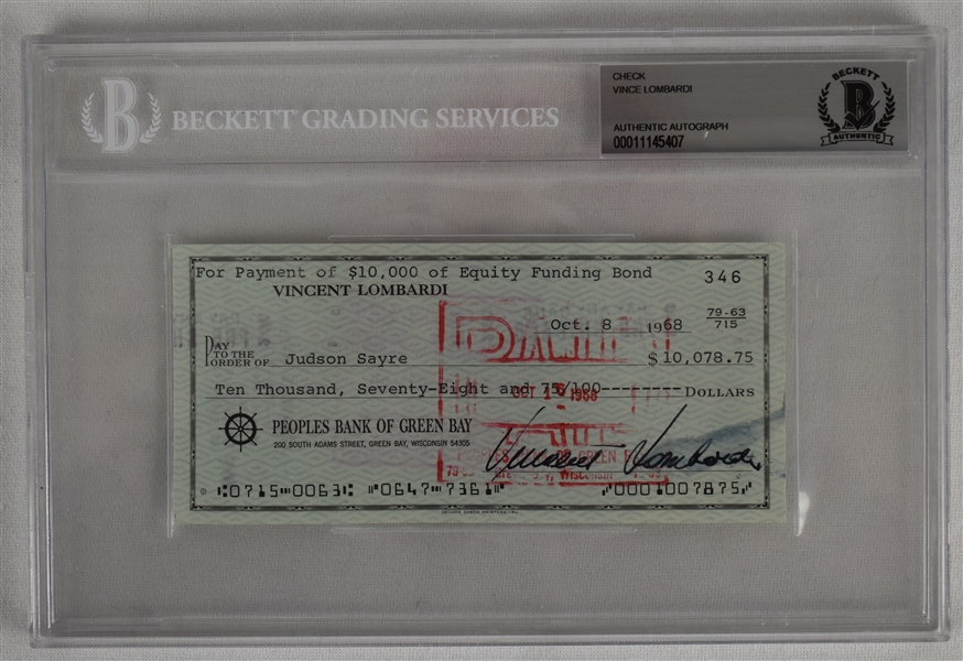 Vince Lombardi Signed 1968 Personal Check #346 BGS Authentic 