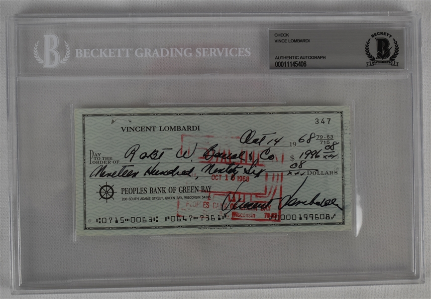 Vince Lombardi Signed 1968 Personal Check #347 BGS Authentic 