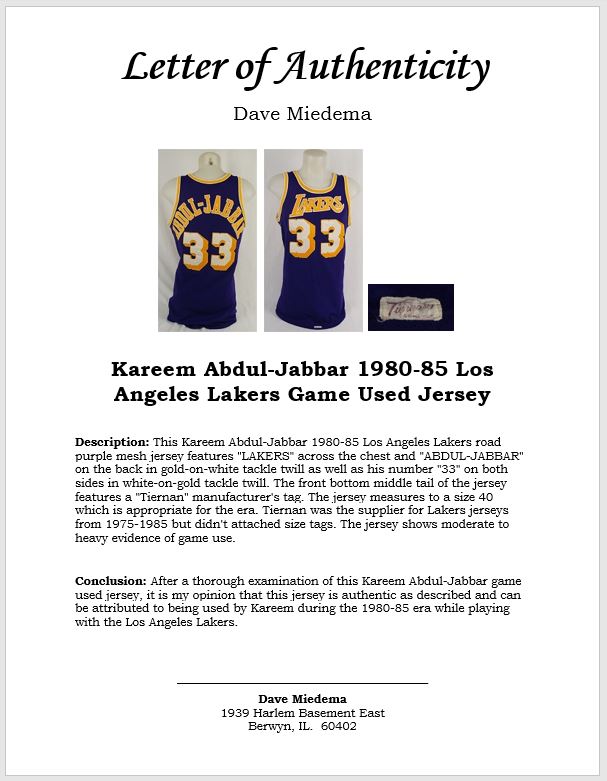 Lot Detail - Kareem Abdul-Jabbar Los Angeles Lakers Game Worn Home Jersey -  Excellent Wear (76ers Equipment Staff Letter/MEARS A9.5)
