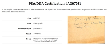 Jim Thorpe RARE Autographed & Inscribed Photo w/Full PSA/DNA LOA 