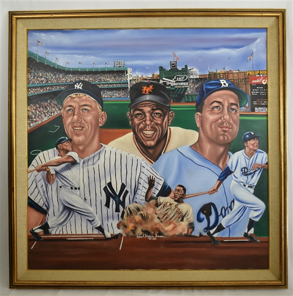 Mickey Mantle Willie Mays & Duke Snider 1986 Original Oil Painting "Mickey Willie & The Duke" by Robert Stephen Simon