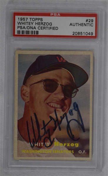 Whitey Herzog Autographed 1957 Topps Rookie Card PSA/DNA