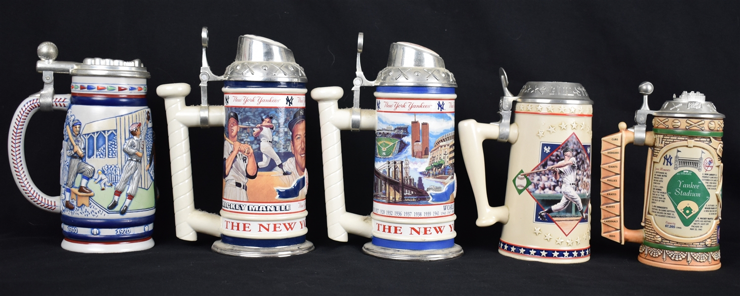 Collection of 5 New York Yankee Beer Steins 
