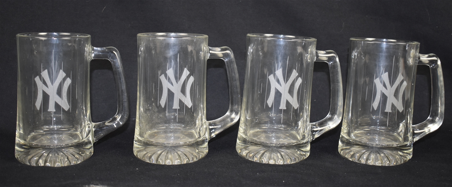 Set of Four (4) New York Yankee Clear Glass Beer Mugs  