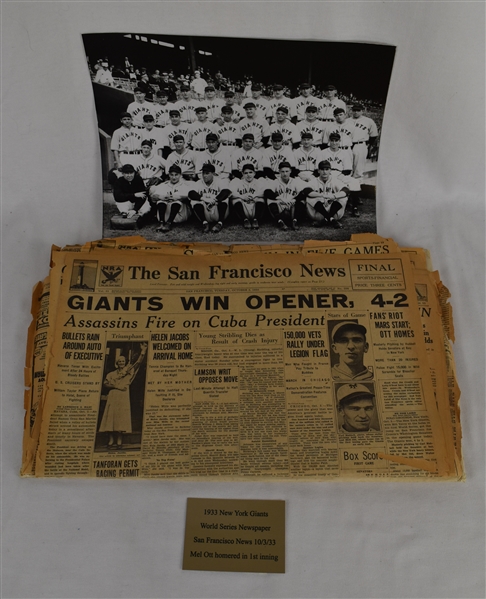 Vintage 1933 New York Giants Newspaper w/Photo & Plaque