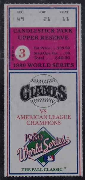 SF Giants vs. Oakland As 1989 World Series Game 3 Ticket *Earthquake Game*