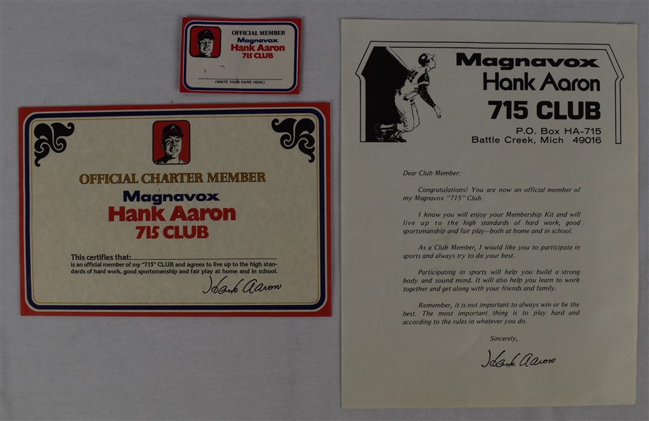 Hank Aaron Vintage 1975 Magnavox 715 HR Club Membership