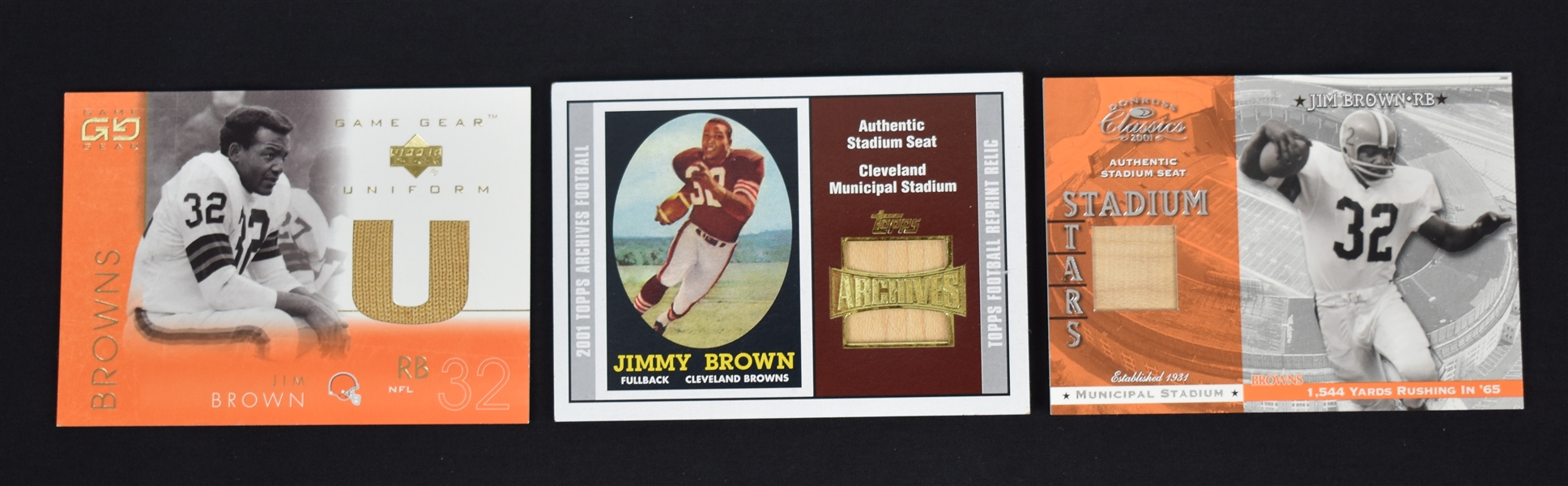 Jim Brown Lot of 3 Game Used Jersey & Stadium Seat Cards
