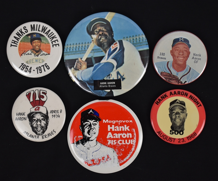 Hank Aaron Collection of 6 Pinback Buttons 
