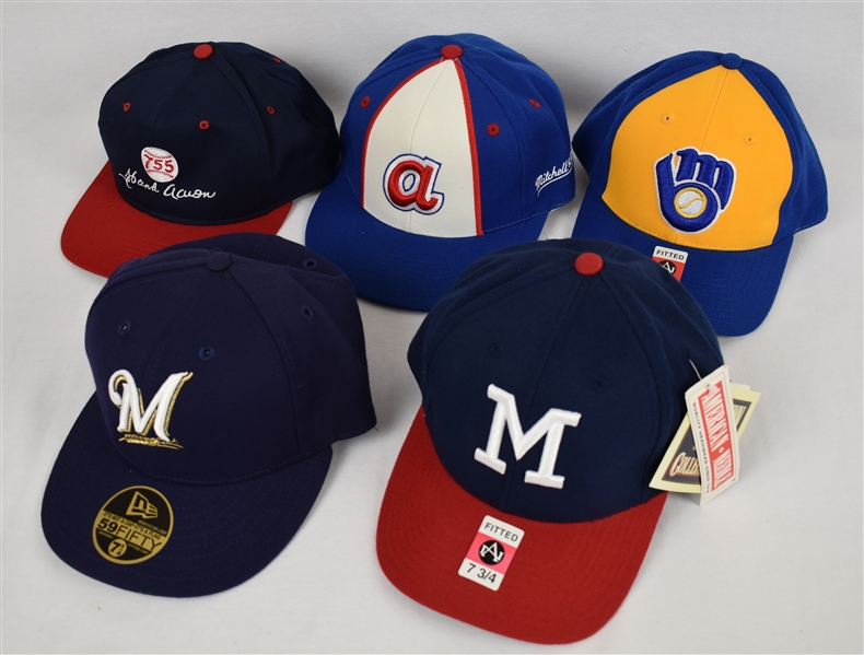 Hank Aaron Collection of 5 Baseball Caps Never Worn