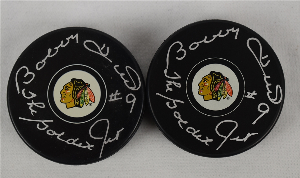 Bobby Hull Chicago Blackhawks #9 The Golden Jet Autographed Inscribed Hockey Pucks
