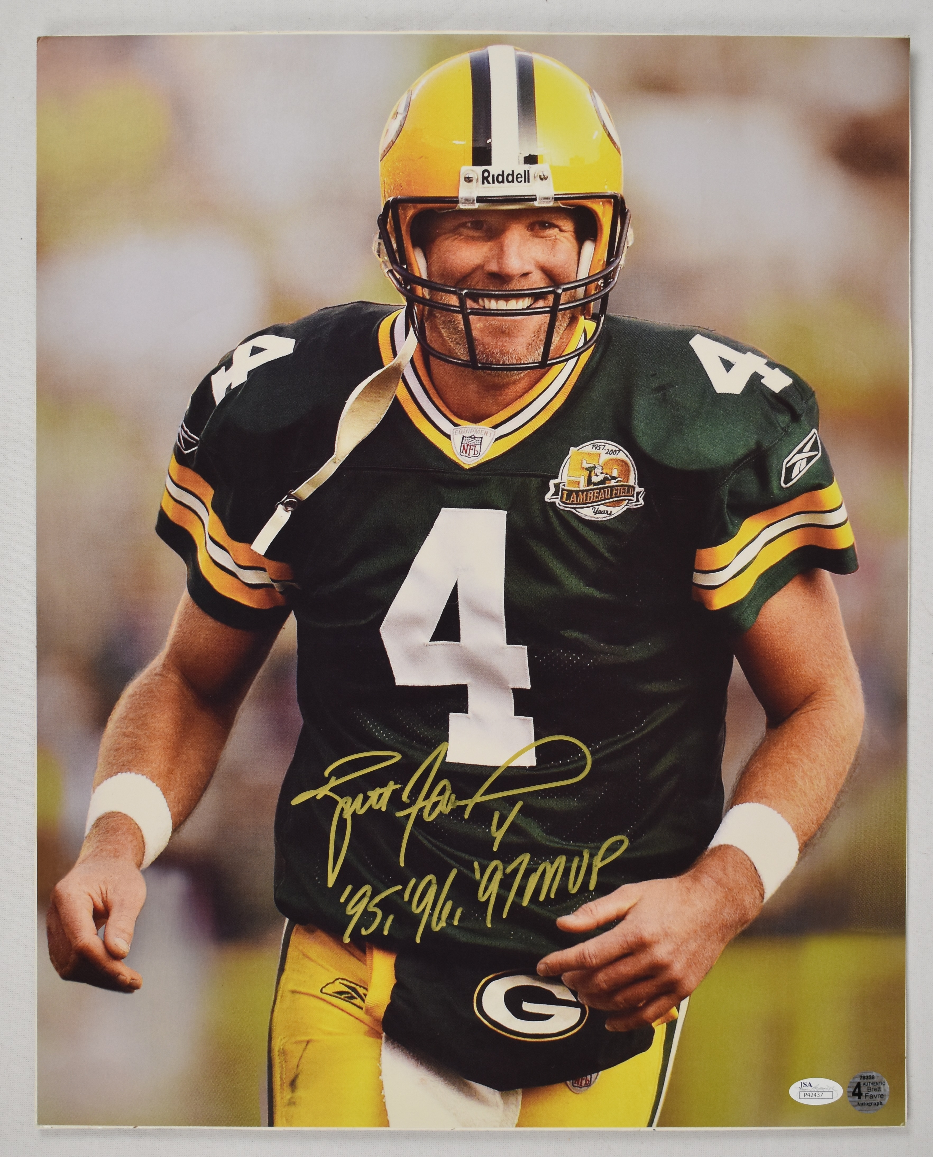 Lot Detail - Brett Favre Autographed & Inscribed 95 96 97 MVP Photo