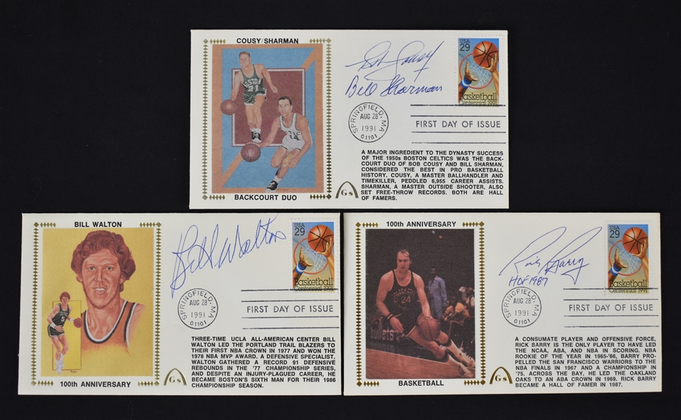 Collection of 3 NBA Autographed First Day Covers w/Cousy & Walton