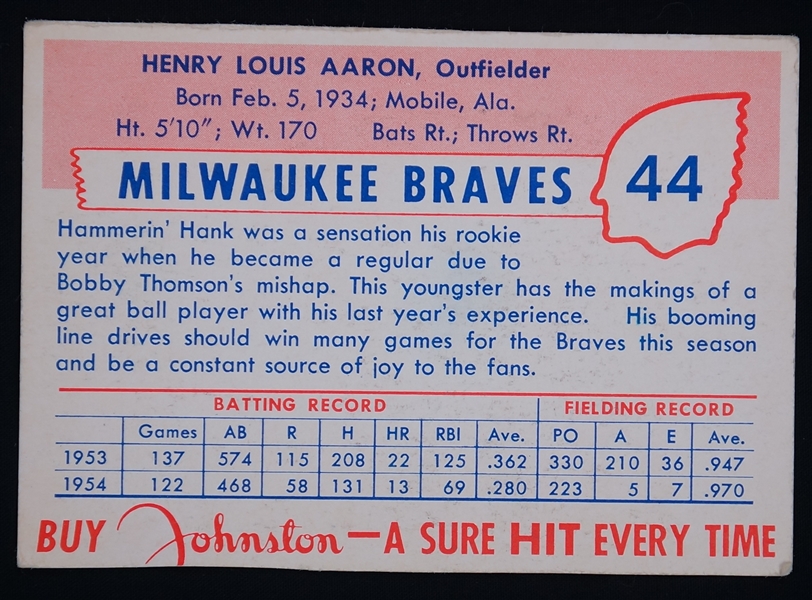 Lot Detail - Hank Aaron 1955 Johnston Cookies Baseball Card #44