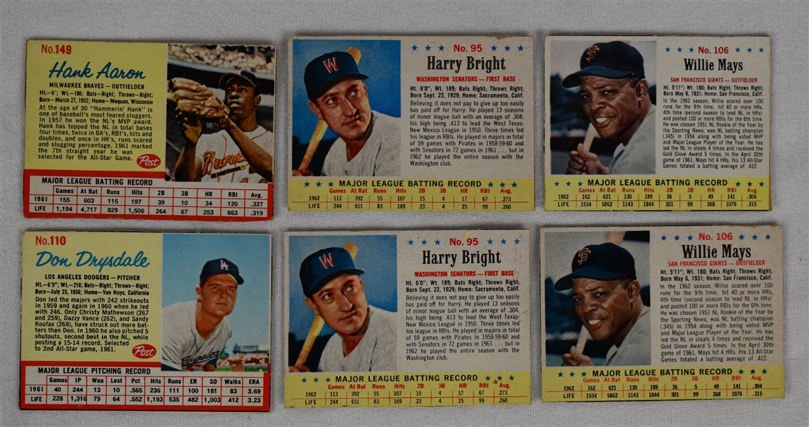 Lot 6 Vintage Post Baseball Cards w/Mays & Aaron