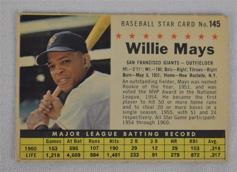 Willie Mays 1961 Post Baseball Card #145 