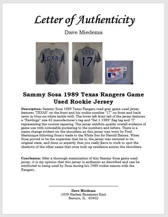 Lot Detail - Sammy Sosa 1989 Texas Rangers Game Used Rookie Jersey w/Dave  Miedema LOA