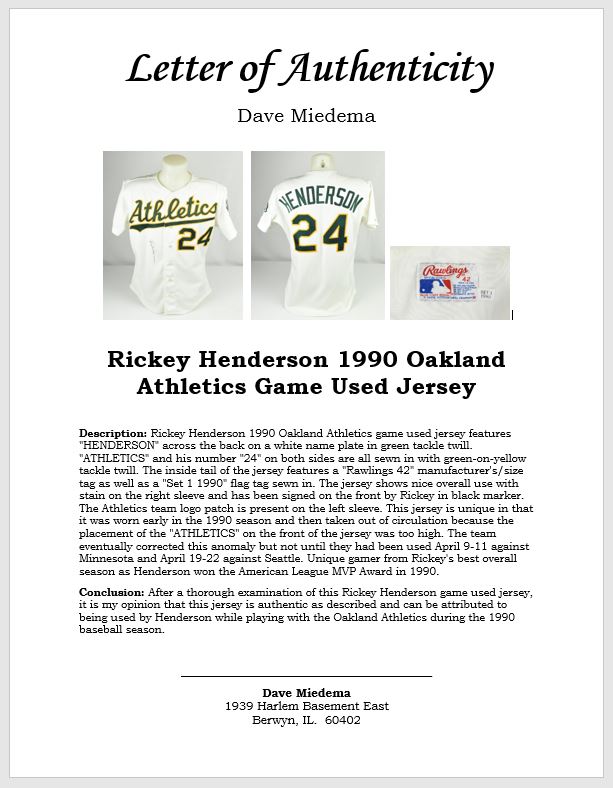Lot Detail - Rickey Henderson 1990 Oakland Athletics Game Used MVP Season  Jersey w/Dave Miedema LOA & Team Provenance