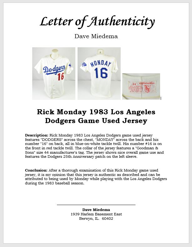Lot Detail - Rick Monday 1983 Los Angeles Dodgers Game Used Jersey w/Dave  Miedema LOA