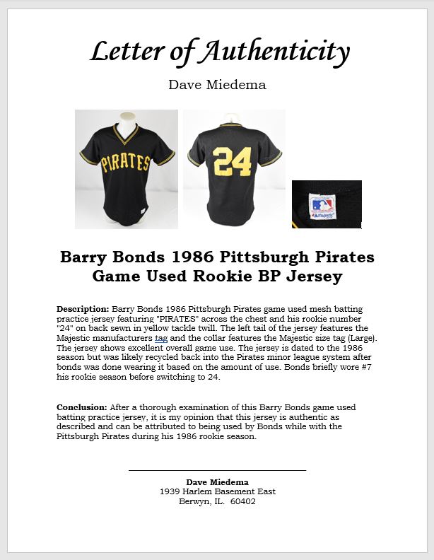 Lot Detail - Barry Bonds 1986 Pittsburgh Pirates BP Game Used Rookie Jersey  w/Dave Miedema LOA