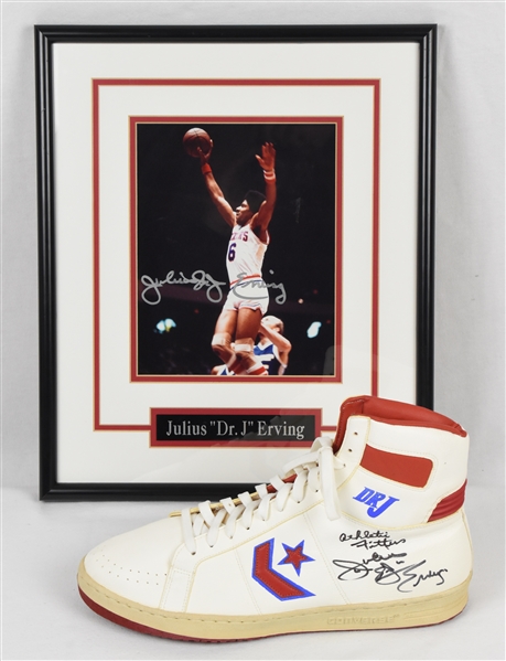 Julius Erving Autographed Framed Photo & Shoe 