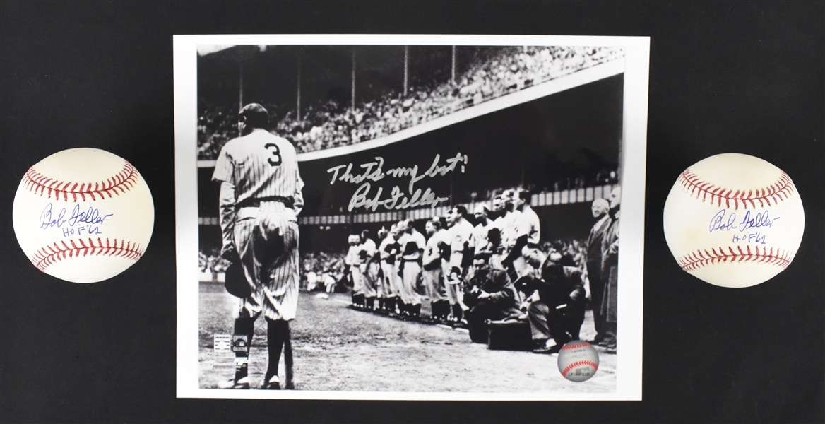 Bob Feller Lot of 2 Autographed Baseballs & Photo
