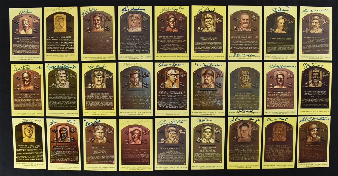 Collection of 27 Autographed Yellow HOF Plaque Postcards