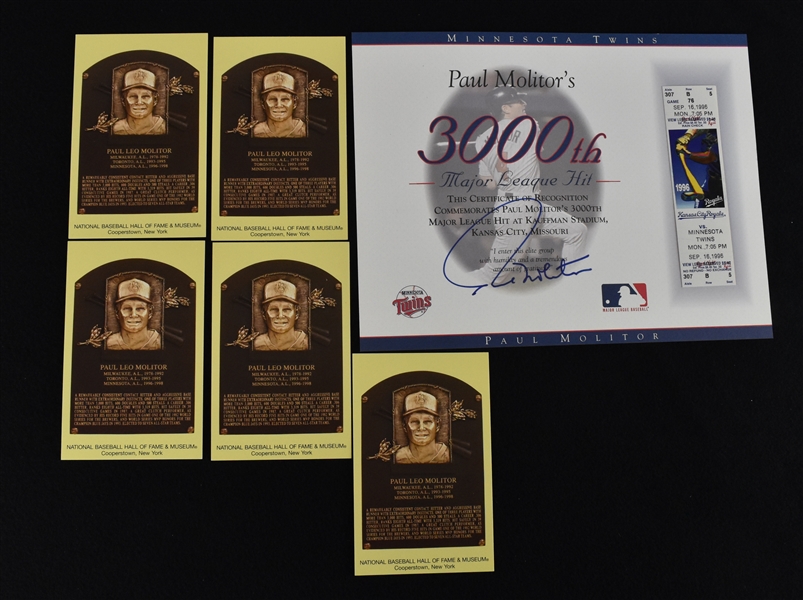 Paul Molitor 3,000th Hit Ticket & HOF Plaque Postcards