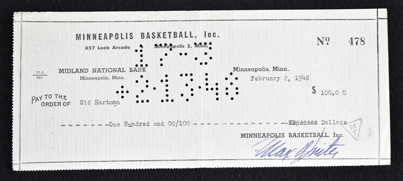 Max Winter & Sid Hartman Minneapolis Lakers Signed Check From 1948 