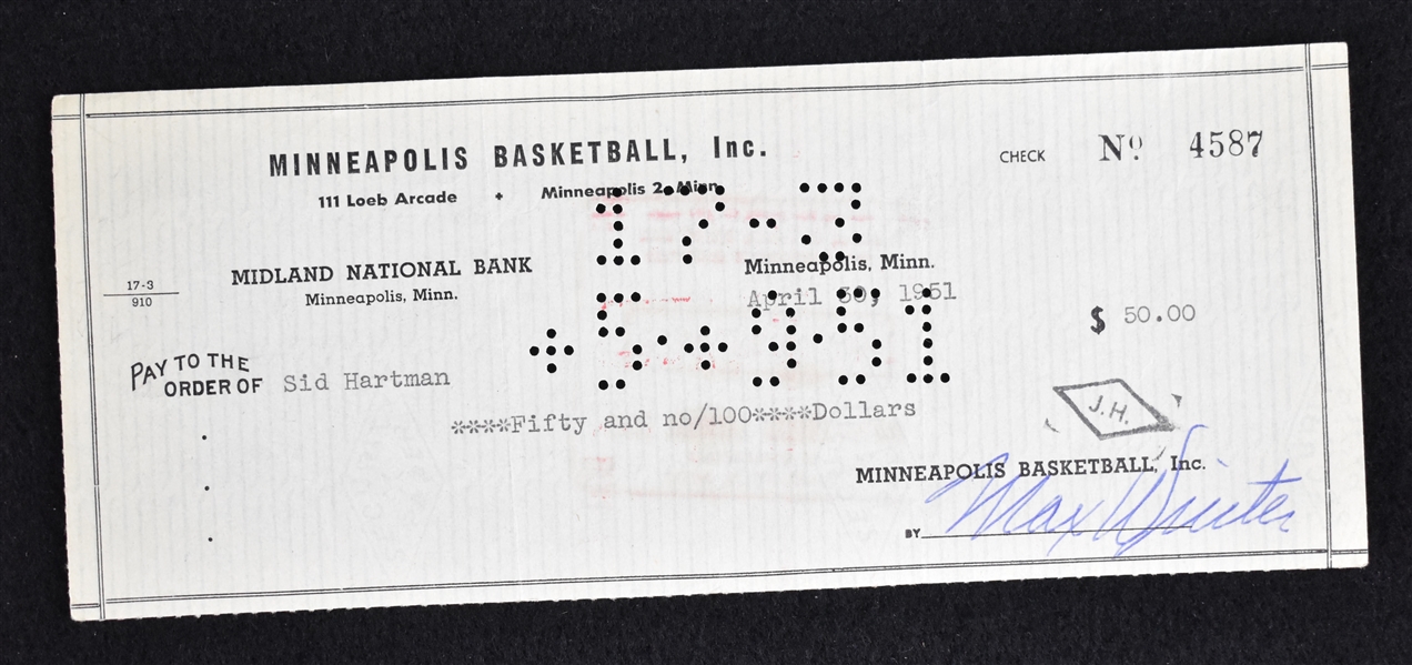 Max Winter & Sid Hartman Minneapolis Lakers Signed Check From 1951