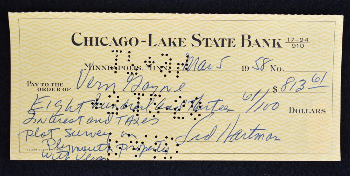 Sid Hartman & Verne Gagne Signed Check From 1952