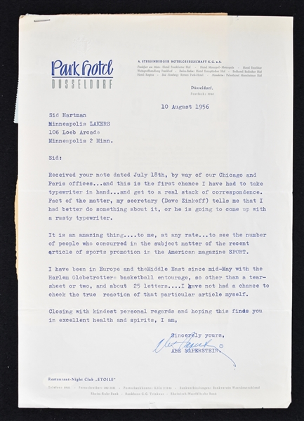 Abe Saperstein 1956 Signed Letter to Sid Hartman