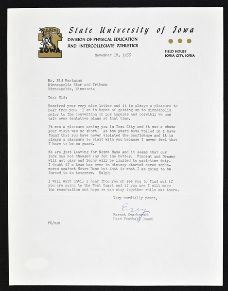 Forest Evashevski 1955 Iowa Hawkeyes Signed Letter to Sid Hartman