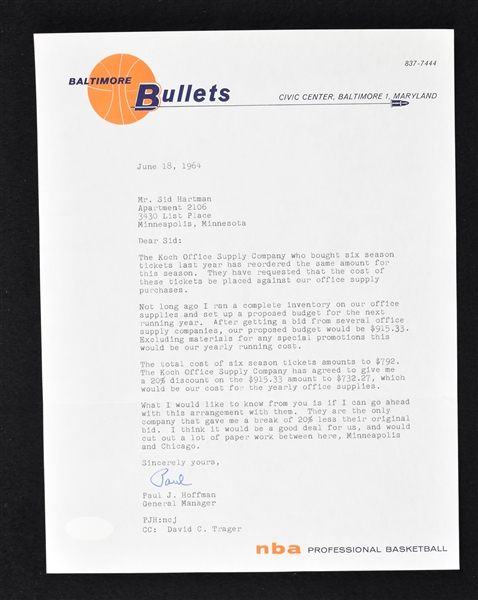 Paul Hoffman 1964 Baltimore Bullets Signed Letter to Sid Hartman 