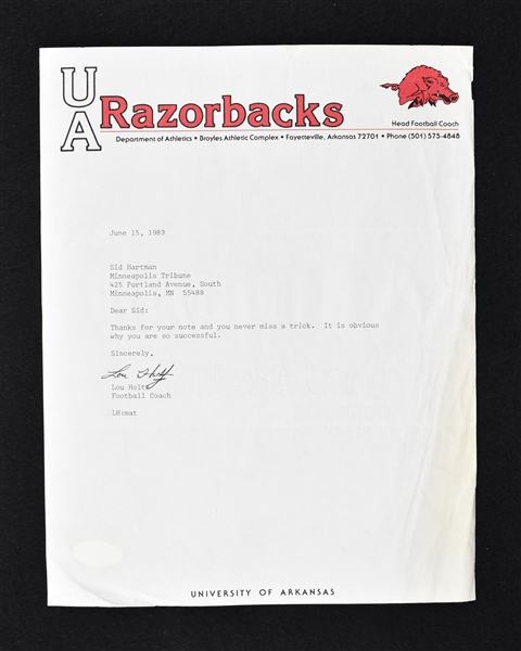 Lou Holtz 1983 Arkansas Razorbacks Signed Letter to Sid Hartman 