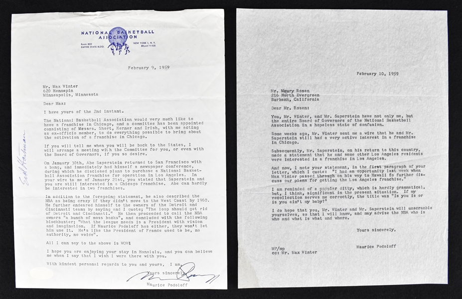Maurice Podoloff 1959 NBA Signed Letter to Sid Hartman 