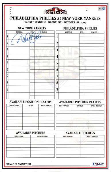 Derek Jeter Autographed Replica 2009 World Series New York Yankees Lineup Card MLB 