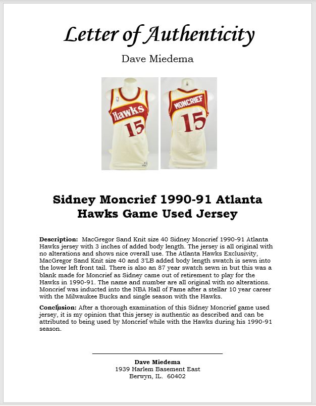 Lot Detail - Sidney Moncrief 1990-91 Atlanta Hawks Game Used Jersey w/Dave  Miedema LOA