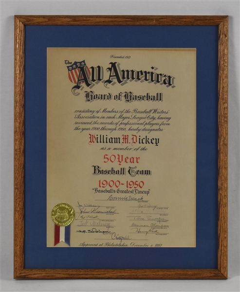 Bill Dickey 1900-1950 All American Half Century Award Signed by Connie Mack Christy Walsh & MLB Writers From Bill Dickey Collection