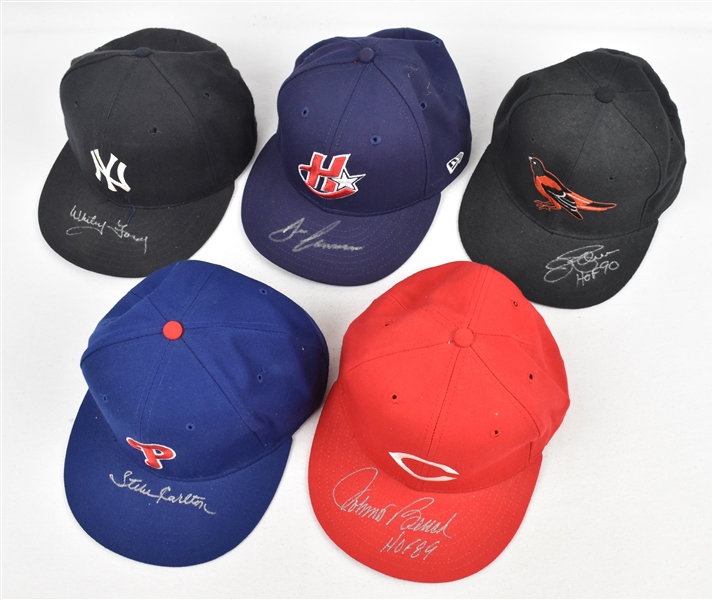 Steve Carlton Johnny Bench Jim Palmer Whitey Ford & Jose Canseco Autographed Hats