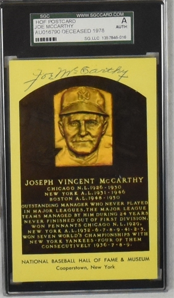 Joe McCarthy Autographed Yellow HOF Plaque Postcard