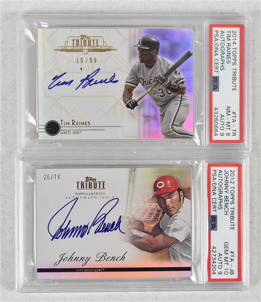 Johnny Bench & Tim Raines Autographed Topps Tribute Cards PSA/DNA