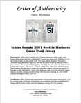 Ichiro Suzuki 2001 Seattle Mariners Game Used Rookie Jersey w/Dave Miedema LOA