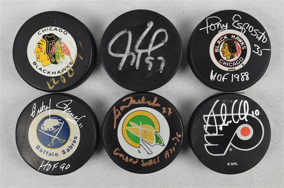 Collection of 6 Autographed Hockey Pucks