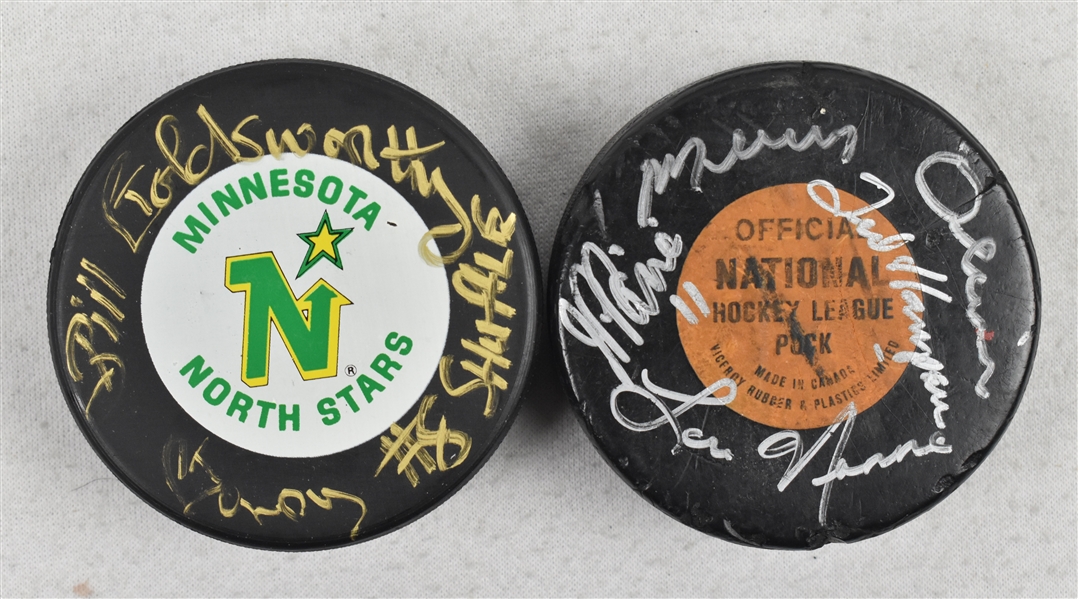 Bill Goldsworthy & JP Parise Autographed Hockey Pucks