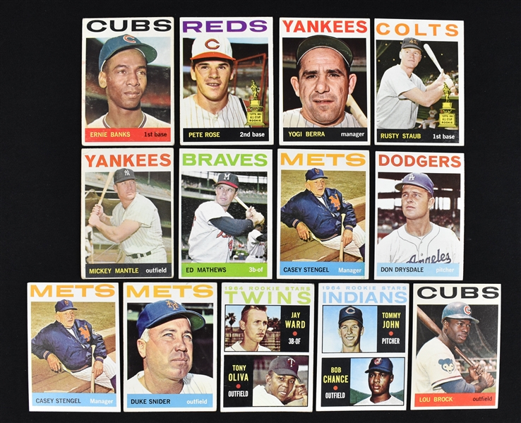 Collection of 1964 Topps Baseball Cards w/Mickey Mantle Pete Rose & Ernie Banks