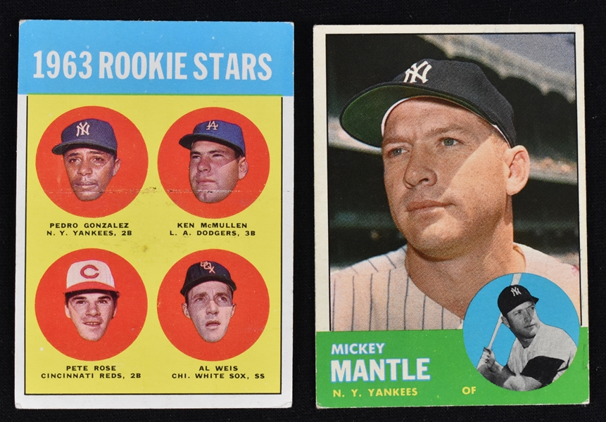 Vintage 1963 Topps Baseball Card Partial Set w/Pete Rose Rookie Card & Mickey Mantle