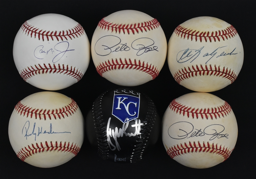 Collection of 6 Autographed 3,000 Hit Club Baseballs w/Cal Ripken Jr. George Brett Pete Rose & Rickey Henderson