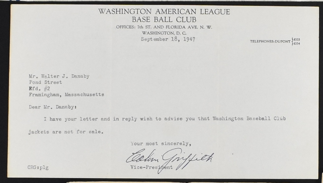 Calvin Griffith Signed 1947 Washington Senators Letter